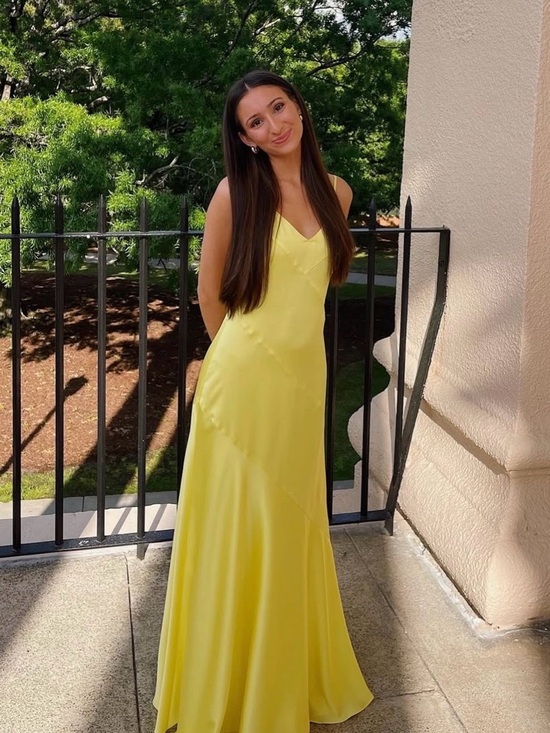 NWT Belle Badgley Mischka Sky Satin Canary Yellow Maxi Slip Dress Formal  Gown